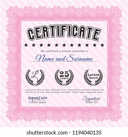 Pink Diploma. Lovely design. Vector illustration. With guilloche pattern and background. 