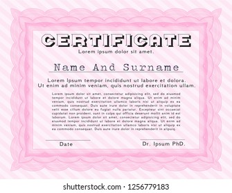 Pink Diploma. Modern design. Vector illustration. With complex linear background. 