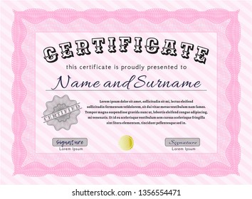 Pink Diploma. Modern design. Vector illustration. With background. 