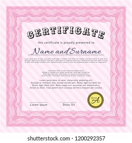 Pink Diploma. Money design. With great quality guilloche pattern. Vector illustration. 