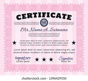 Pink Diploma. Money style design. With linear background. Vector illustration. 