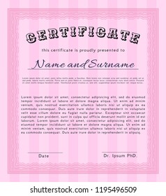 Pink Diploma. Nice design. Vector illustration. With linear background. 