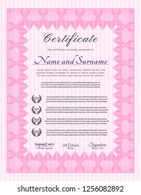 Pink Diploma. Perfect design. With complex linear background. Vector illustration. 