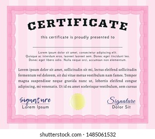 Pink Diploma. Perfect design. Vector illustration. With complex linear background. 