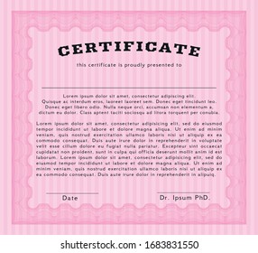 Pink Diploma. Retro design. With guilloche pattern and background. Detailed. 