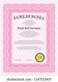 Pink Diploma. Retro design. Vector illustration. With background. 