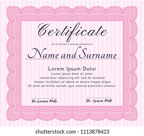  Pink Diploma or Pink Sample Diploma. With guilloche pattern. Vector illustration. Sophisticated design. Pink Certificate of achievement template. Money style design. With great quality guilloche patt