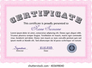 Pink Diploma template. With background. Border, frame. Excellent design. 