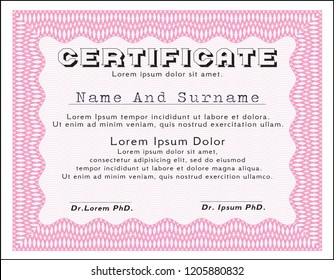 Pink Diploma template. With background. Vector illustration. Elegant design. 