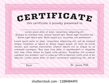 Pink Diploma template. Beauty design. Detailed. With linear background. 