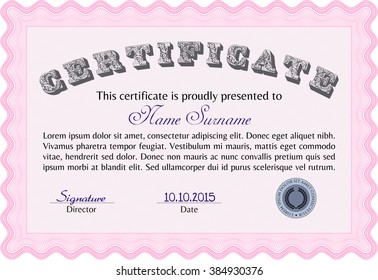 Pink Diploma template. Border, frame. With background. Excellent design. 