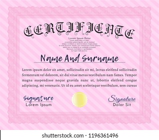 Pink Diploma template or certificate template. Artistry design. Customizable, Easy to edit and change colors. With guilloche pattern. 