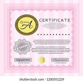 Pink Diploma template or certificate template. Artistry design. Customizable, Easy to edit and change colors. With guilloche pattern and background. 