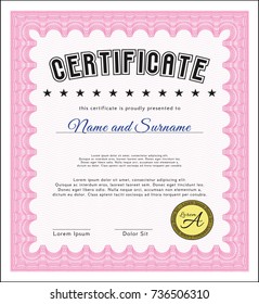 Pink Diploma template or certificate template. Artistry design. With guilloche pattern. Vector illustration. 