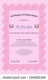 Pink Diploma template or certificate template. With background. Superior design. Vector illustration. 