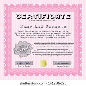 Pink Diploma template or certificate template. With background. Sophisticated design. Detailed. 