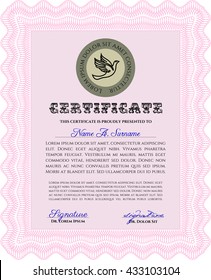 Pink Diploma template or certificate template. Beauty design. Vector pattern that is used in money and certificate. With quality background. 