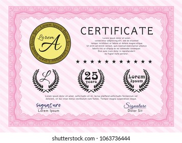 Pink Diploma template or certificate template. With complex background. Money design. Vector illustration. 