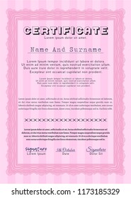 Pink Diploma template or certificate template. With complex background. Money style design. Vector illustration. 
