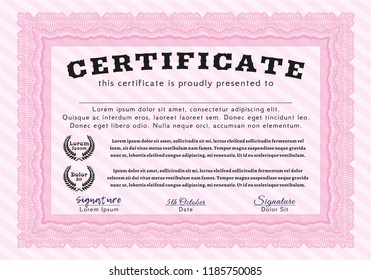 Pink Diploma template or certificate template. Complex background. Vector illustration. Elegant design. 