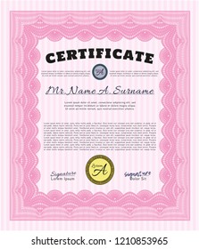 Pink Diploma template or certificate template. With complex background. Money Pattern. Customizable, Easy to edit and change colors. 