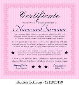 Pink Diploma template or certificate template. Complex background. Money design. Vector illustration. 