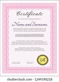 Pink Diploma template or certificate template. With complex linear background. Beauty design. Vector illustration. 