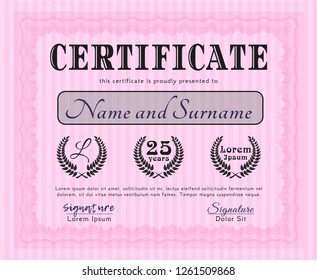 Pink Diploma template or certificate template. With complex background. Vector illustration. Superior design. 