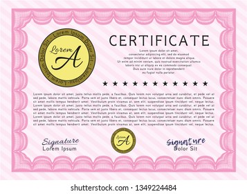Pink Diploma template or certificate template. Cordial design. Vector illustration. Printer friendly. 