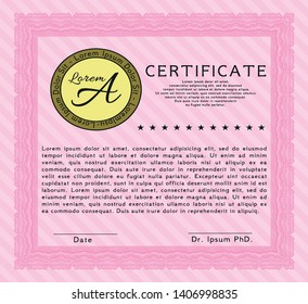Pink Diploma template or certificate template. Cordial design. Vector illustration. With background. 