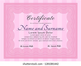 Pink Diploma template or certificate template. Customizable, Easy to edit and change colors. With complex linear background. Lovely design. 