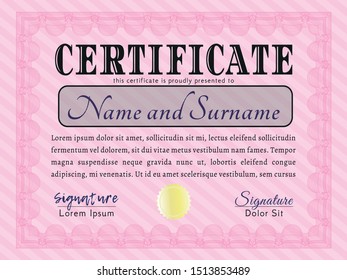 Pink Diploma template or certificate template. Customizable, Easy to edit and change colors. With complex linear background. Nice design. 