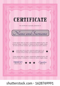 Pink Diploma template or certificate template. Customizable, Easy to edit and change colors. Complex background. Cordial design. 