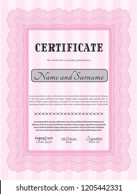 Pink Diploma template or certificate template. Detailed. With complex linear background. Lovely design. 