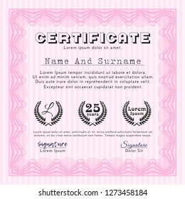 Pink Diploma template or certificate template. Detailed. Complex background. Cordial design. 