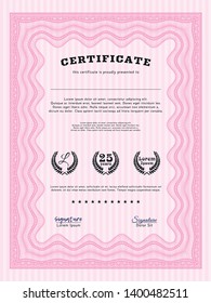 Pink Diploma template or certificate template. Detailed. With linear background. Superior design. 