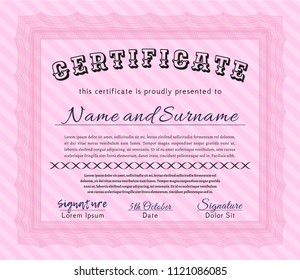 Pink Diploma template or certificate template. Easy to print. Superior design. Vector illustration. 