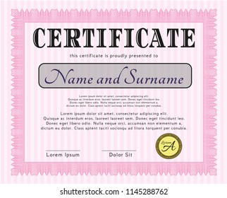 Pink Diploma template or certificate template. Easy to print. Detailed. Modern design. 