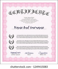 Pink Diploma template or certificate template. Easy to print. Artistry design. Detailed. 