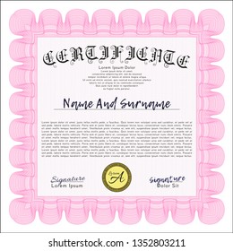 Pink Diploma template or certificate template. Easy to print. Money style design. Vector illustration. 