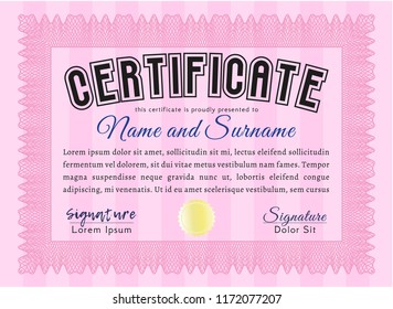 Pink Diploma template or certificate template. Elegant design. With quality background. Detailed. 