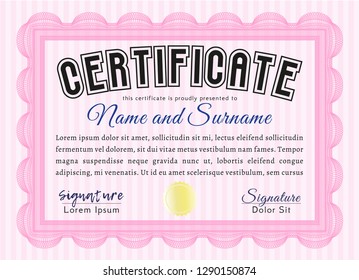 Pink Diploma template or certificate template. Elegant design. Printer friendly. Customizable, Easy to edit and change colors. 