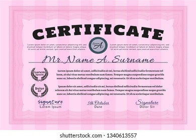 Pink Diploma template or certificate template. Elegant design. Detailed. Complex background. 