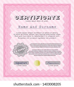 Pink Diploma template or certificate template. Elegant design. Vector illustration. With quality background. 