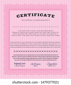 Pink Diploma template or certificate template. Elegant design. With linear background. Detailed. 