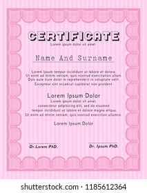 Pink Diploma template or certificate template. Good design. Vector illustration. Complex background. 