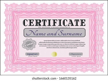 Pink Diploma template or certificate template. Good design. With complex background. Vector illustration. 