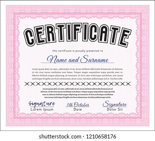 Pink Diploma template or certificate template. With great quality guilloche pattern. Detailed. Perfect design. 