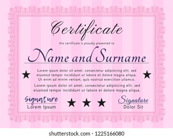 Pink Diploma template or certificate template. With great quality guilloche pattern. Money design. Vector illustration. 