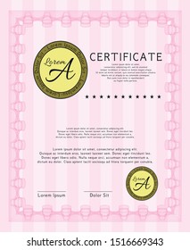 Pink Diploma template or certificate template. With great quality guilloche pattern. Retro design. Detailed. 
